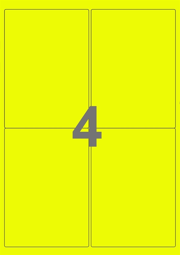 A4-etiketter, 4 Udstansede etiketter/ark, 99,1 x 139,0 mm, neon gul, 100 ark